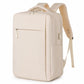 Beige laptop backpack with front zip pocket, side compartment panel, and straps
