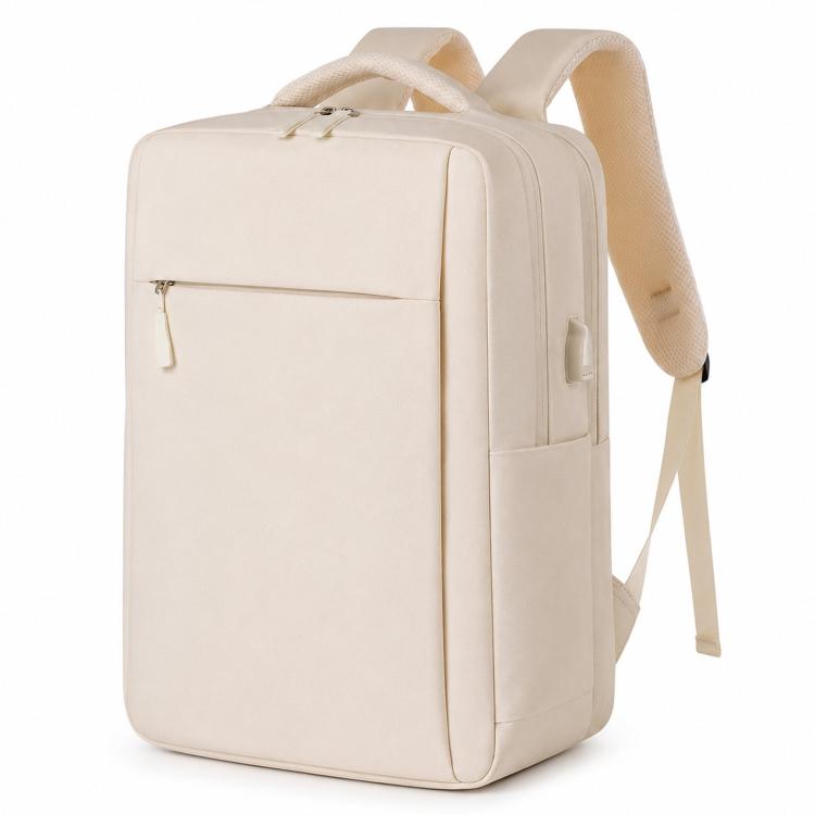 Beige laptop backpack with front zip pocket, side compartment panel, and straps