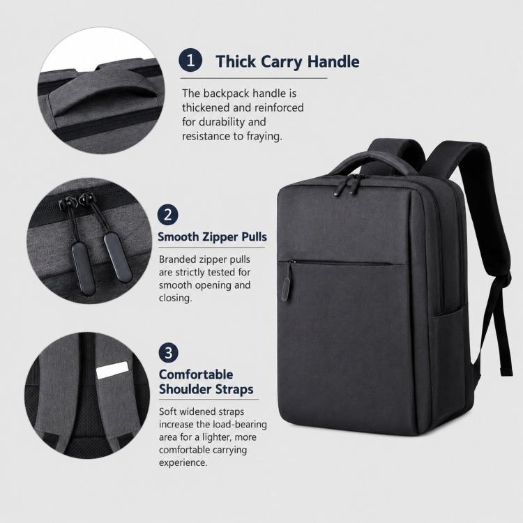 Black laptop backpack showing thick carry handle, smooth zip pull, and padded shoulder straps