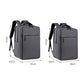 Gray laptop backpack size diagram with front pocket and adjustable shoulder straps