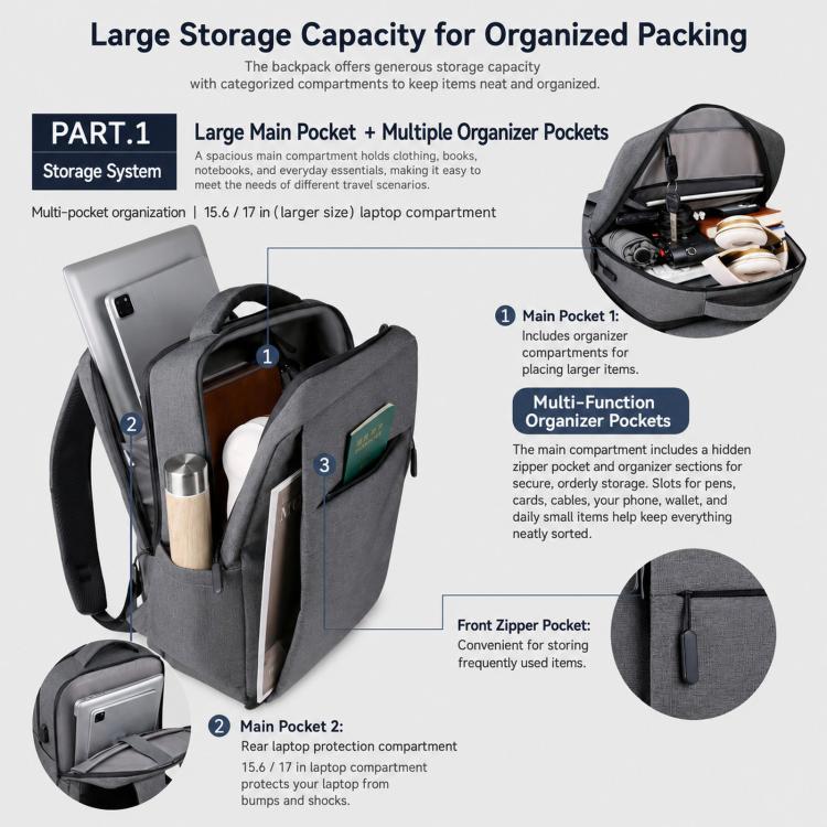 Gray laptop backpack open view with multiple organizer pockets and front zipper pocket