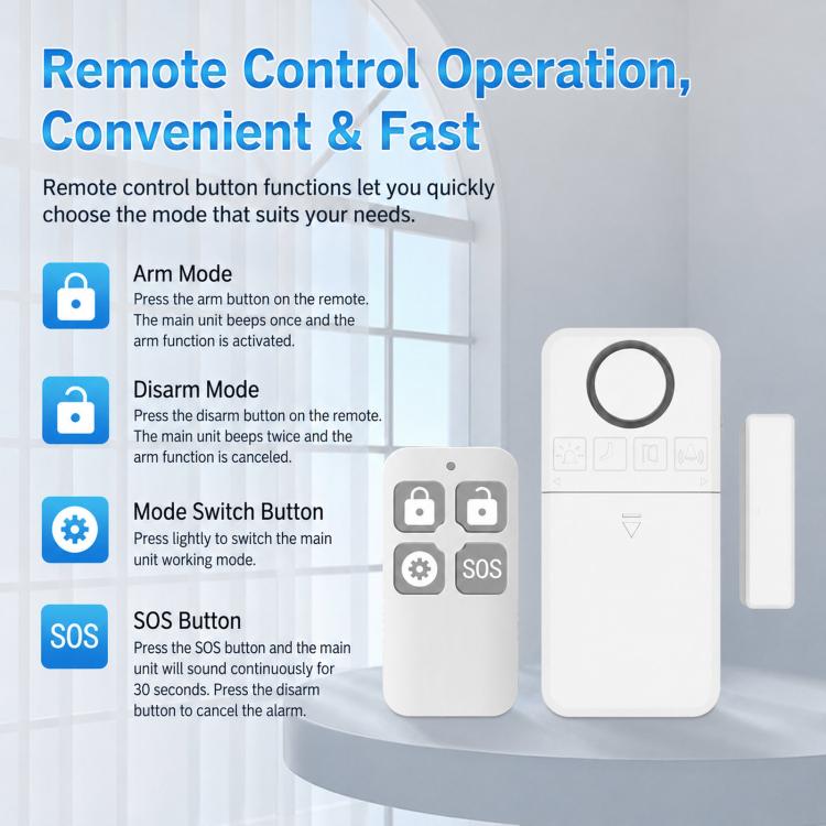 Wireless remote control with SOS button and white alarm main unit with sensor strip