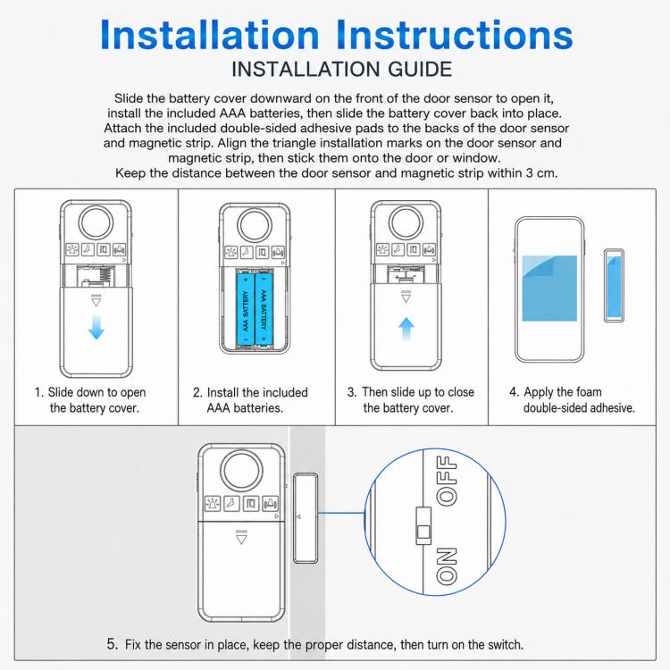 White door sensor installation guide diagram with slide-open battery cover