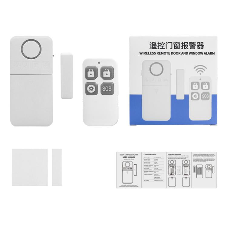 Wireless door window alarm kit with white sensor, remote, and instruction panel
