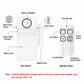 Wireless door alarm system components: door sensor, magnetic strip, indicator light, remote