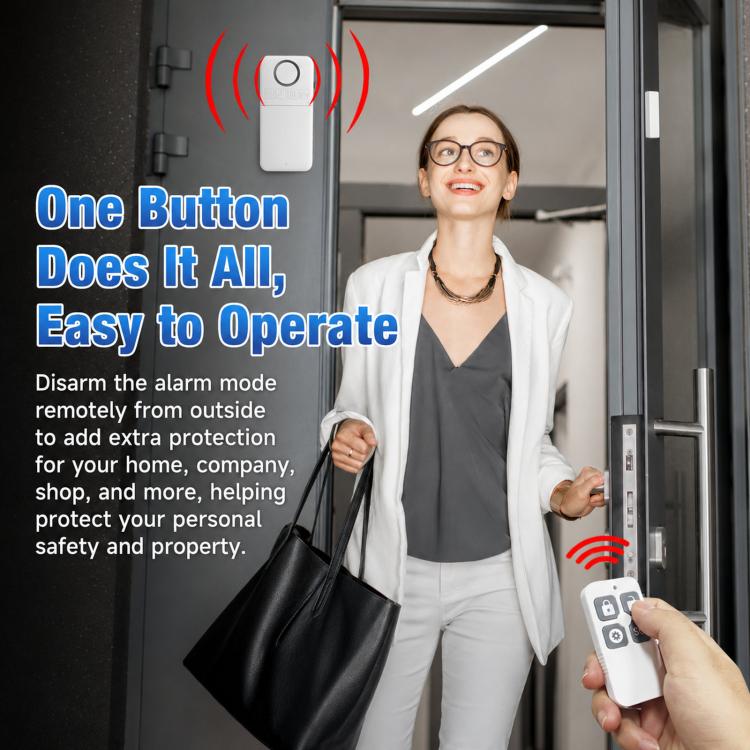 Wireless door alarm remote and white main unit, held for one-button disarm