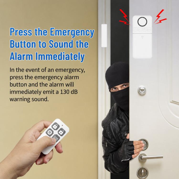 White alarm door sensor with remote featuring emergency SOS button and alarm activation