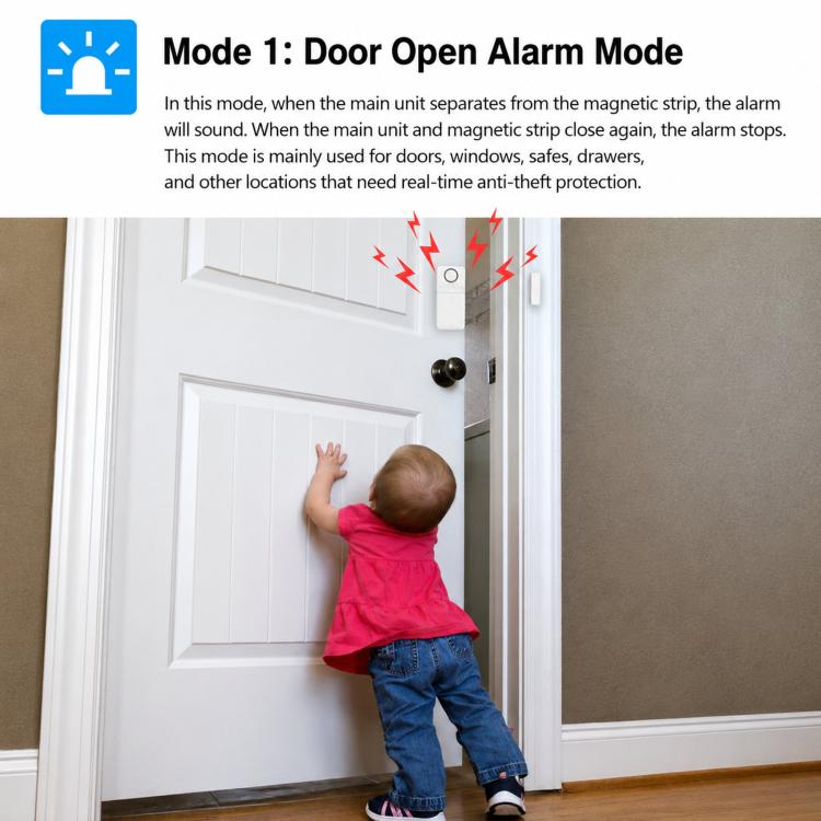 White door open alarm mode device with magnetic strip and remote control buttons
