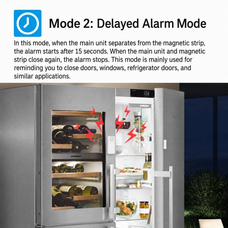 Wireless delayed alarm mode set with alarm unit, magnetic strip, and remote control