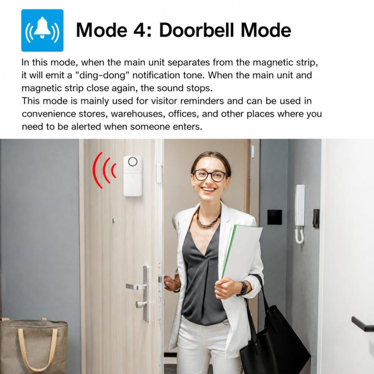 Doorbell mode alarm device with white sensor unit and remote control for notifications