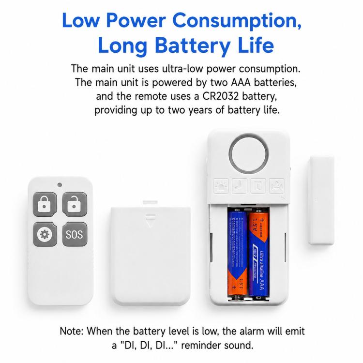 Wireless alarm and remote showing battery compartment and low-power indicator light
