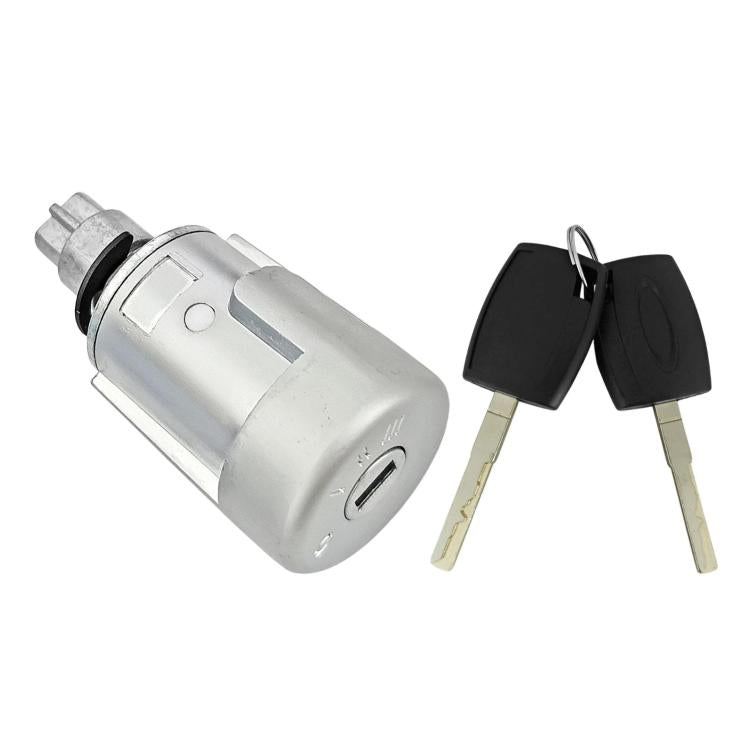 Ignition lock cylinder with two keys, angled view, silver body and black keys