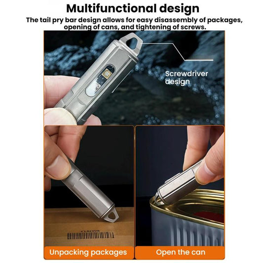 Silver flashlight keychain with multifunction slots and flat screwdriver-style end
