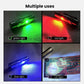 Small flashlight keychain showing multiple light colors including blue, green, red, and UV