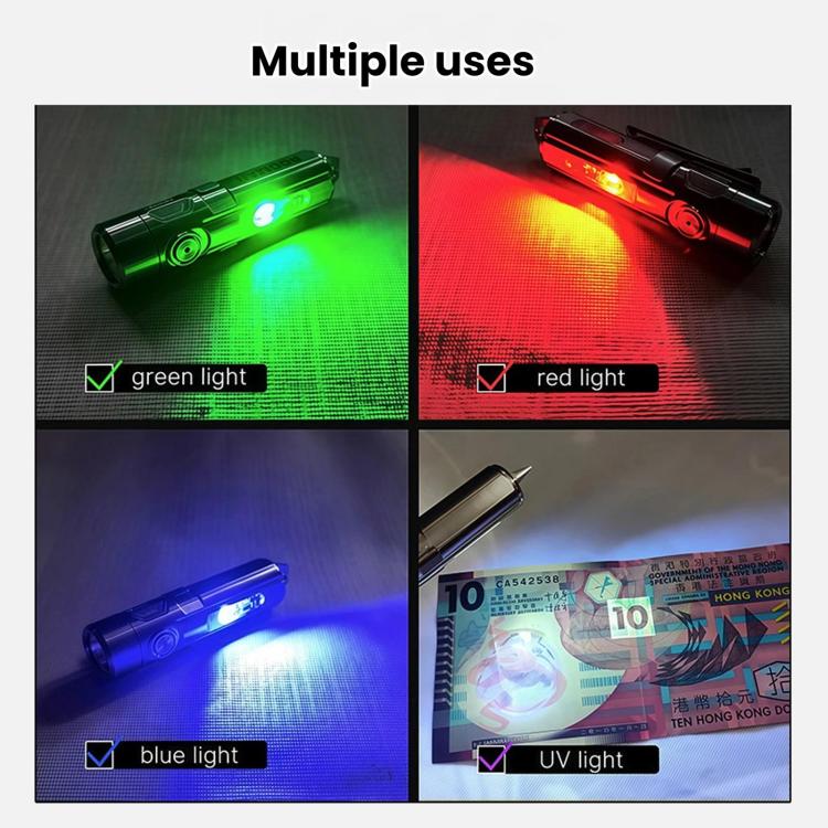 Small flashlight keychain showing multiple light colors including blue, green, red, and UV