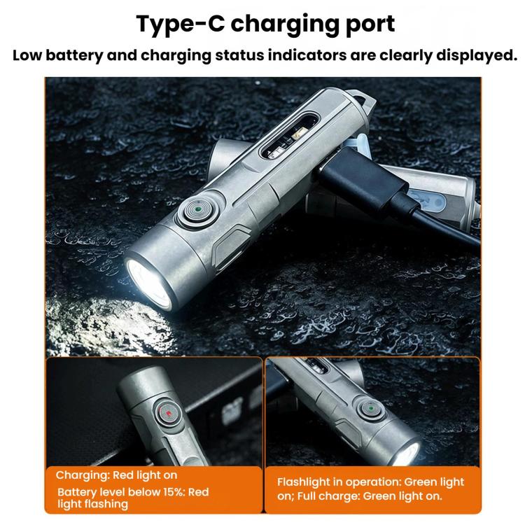 Gray rechargeable flashlight keychain with Type-C charging port and status indicator lights