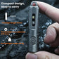 Compact gray flashlight keychain with top loop and front circular speaker-like grille