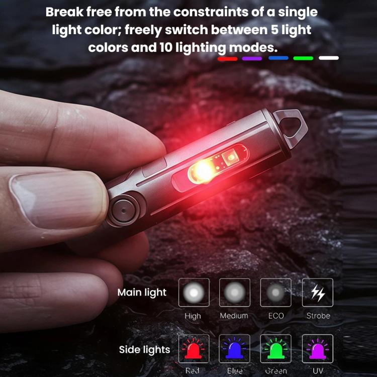 Red-lit gray flashlight keychain held in hand with multi-mode lighting effects