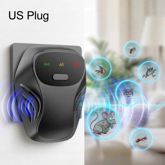 Ultrasonic pest repeller plug-in with US plug, black unit with mode indicator lights