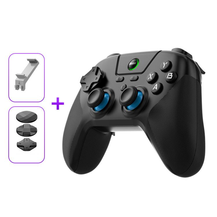 Wireless game controller, black with blue buttons and carbon-texture thumbsticks