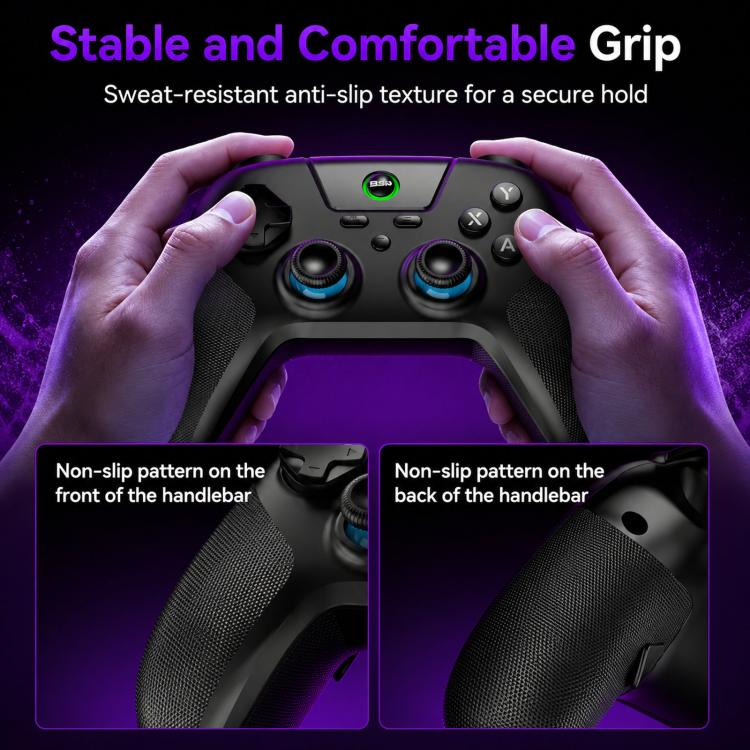 Black controller with textured anti-slip grip and thumbsticks, top view held in hands