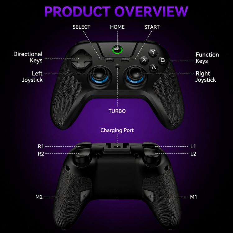 Black tri-mode game controller overview with D-pad, thumbsticks, triggers, and charging port