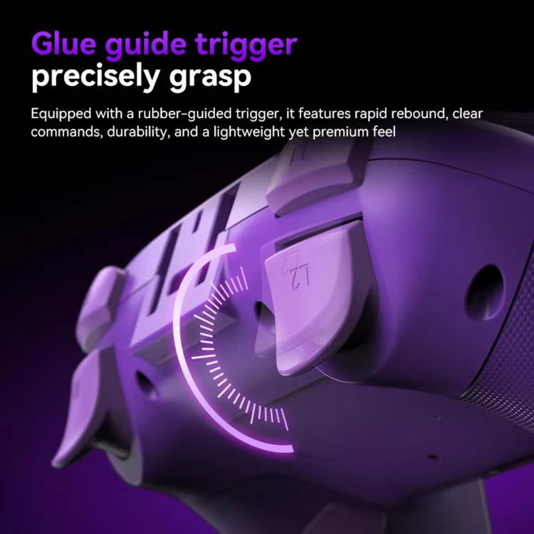Purple controller trigger close-up with rubber-guided grip detail