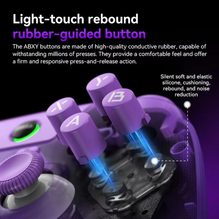 Purple ABXY button area close-up with rubber-guided buttons and tactile texture
