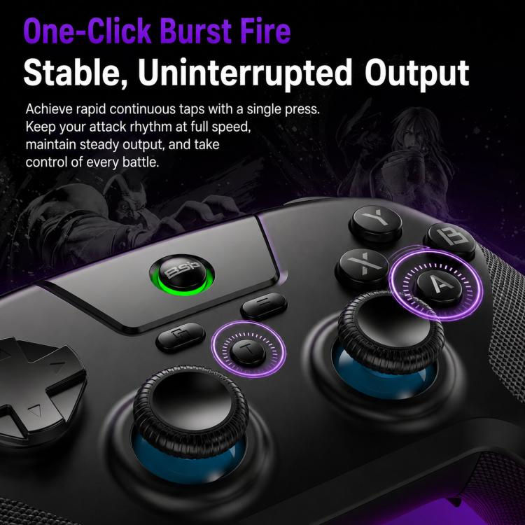 Dark gray game controller with carbon-look joysticks and glowing action buttons