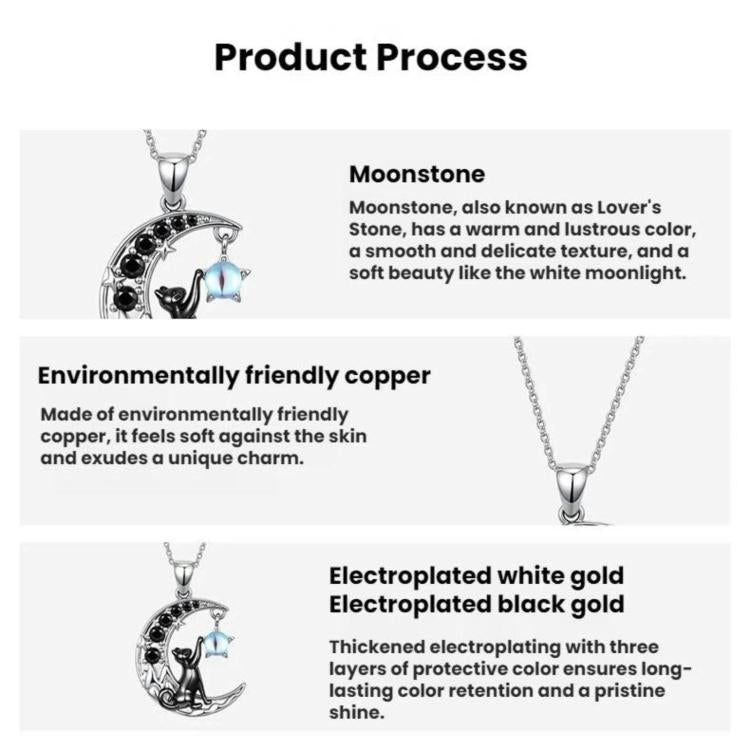 Moon cat pendant necklace with round silver disc and blue accent stone on chain