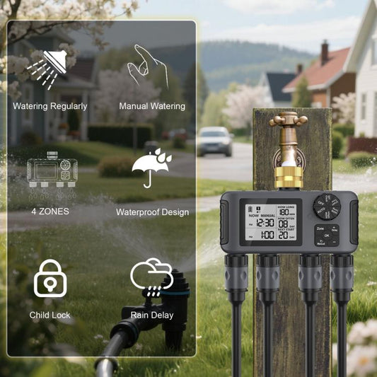 Weatherproof 4-zone hose timer with child lock and rain delay indicator icons