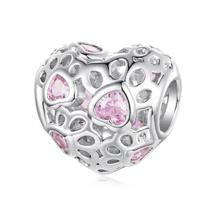 Heart-shaped openwork charm bead with pink crystal in silver-tone metal frame