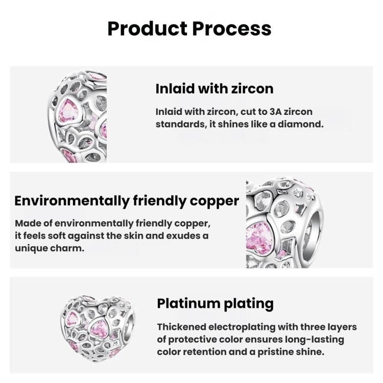 Heart openwork charm bead with pink stones shown in a product graphic