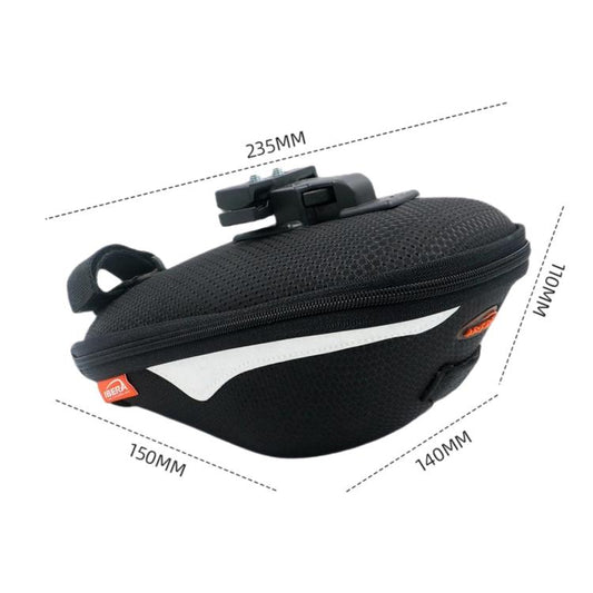 Black hard shell bike saddle bag with zip closure and quick-release mounting strap