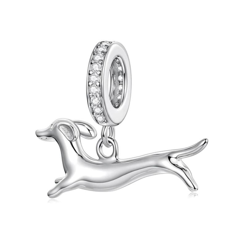 Running dachshund charm pendant with crystal-studded oval ring, silver-tone finish