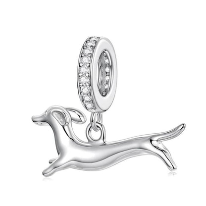 Running dachshund charm pendant with crystal-studded oval ring, silver-tone finish