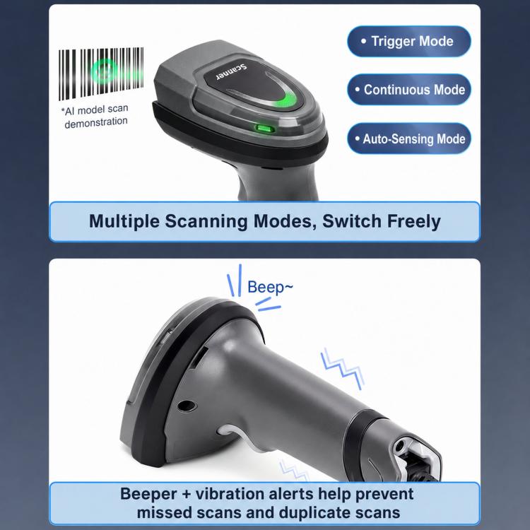 Handheld wireless barcode scanner with trigger and illuminated indicator lights