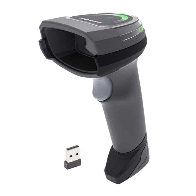 Handheld 2D barcode scanner with USB wireless dongle, dark gray design, no base