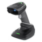 2D barcode scanner on charging base, dark gray with green indicator light