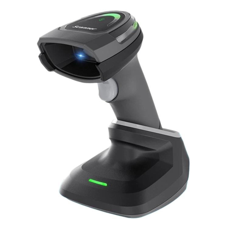 2D barcode scanner on charging base, dark gray with green indicator light