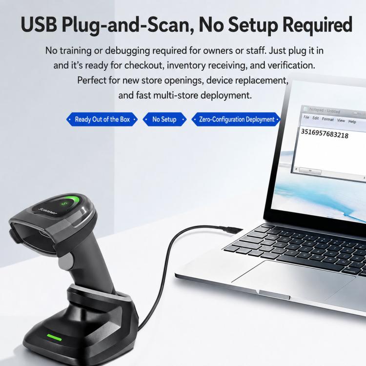 Wireless 2D barcode scanner with USB plug-and-scan charging base stand
