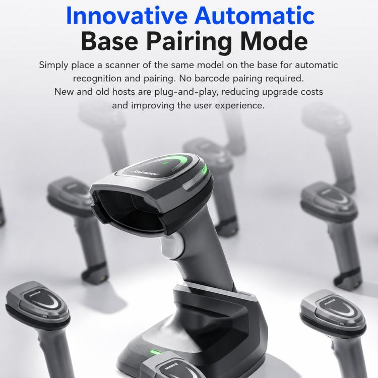 2D barcode scanner charging base with automatic base pairing mode