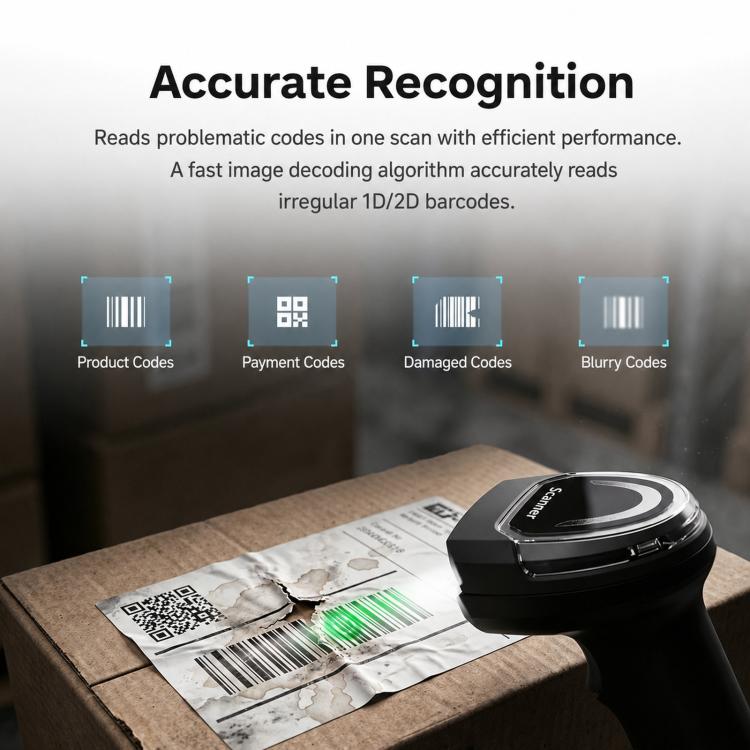 Handheld 2D barcode scanner reading a shipping label on a box