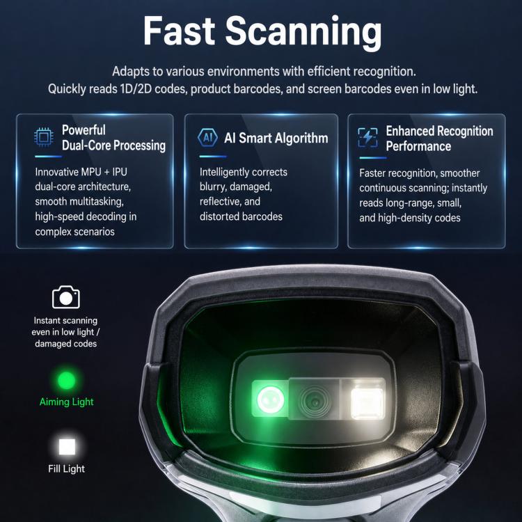 2D barcode scanner with green aiming light and illuminated scan window