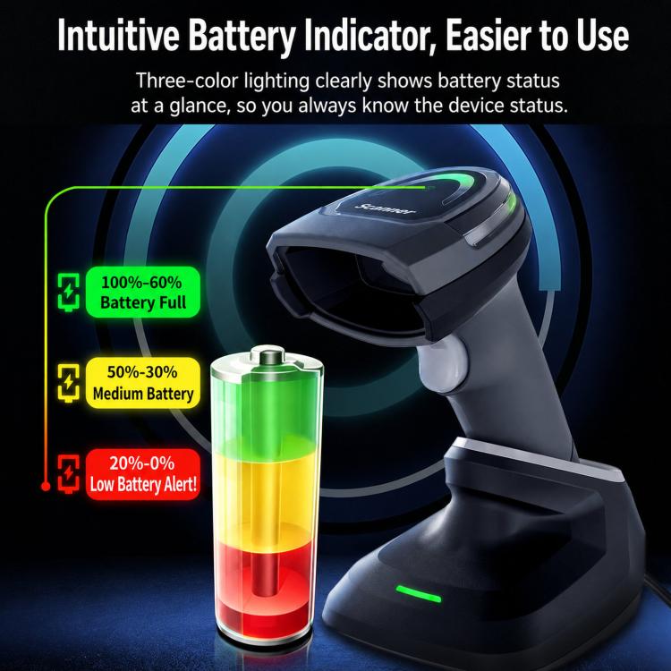 2D barcode scanner with battery indicator light display on front