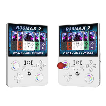 Retro handheld game console with open-source game screen, white body, dual controllers