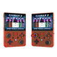 Retro handheld game console with game screen, red transparent body, dual thumbsticks