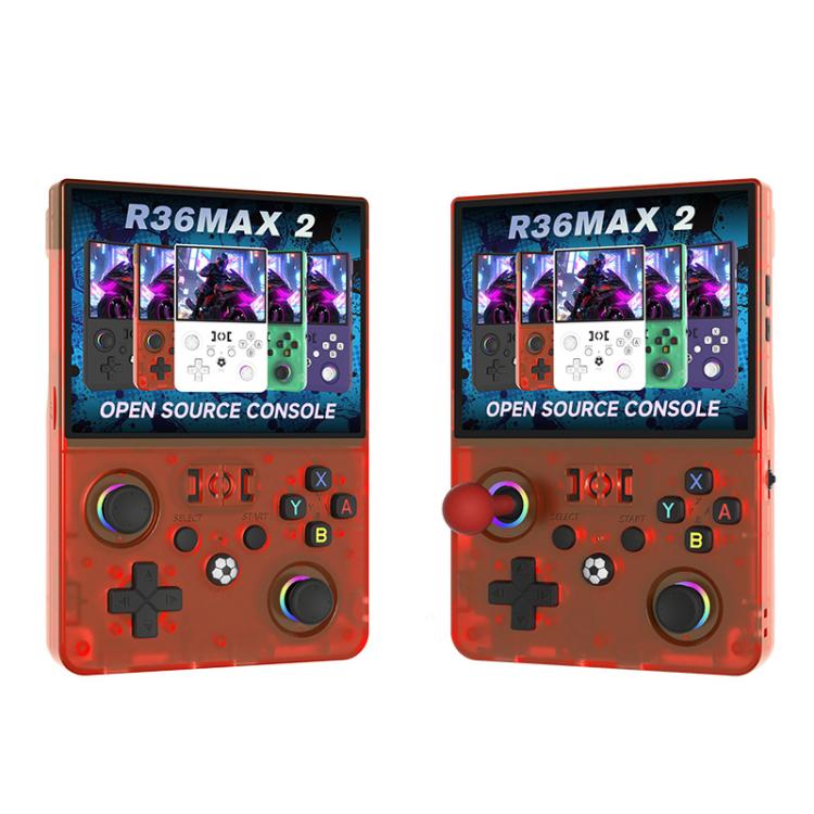 Retro handheld game console with game screen, red transparent body, dual thumbsticks