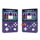 Retro handheld game console with game screen, purple body, dual thumbsticks