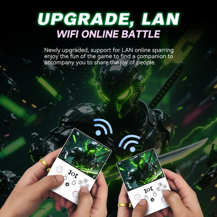 White retro handheld game console with 4.5-inch screen in hands, showing gameplay graphics